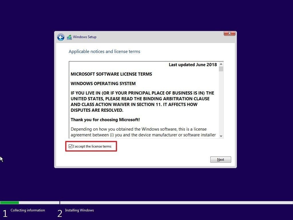 Настройка Windows 10 принимает условия лицензии