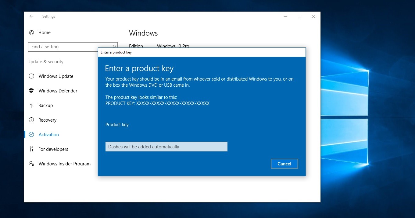 изменить ключ продукта Windows
