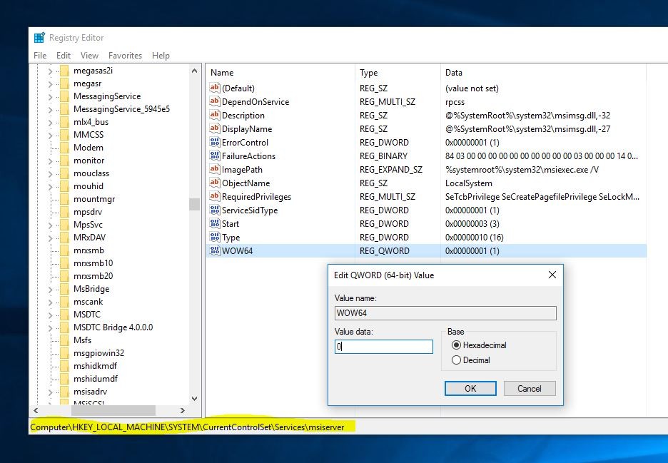 настройка реестра для исправления службы установки Windows не может быть доступна