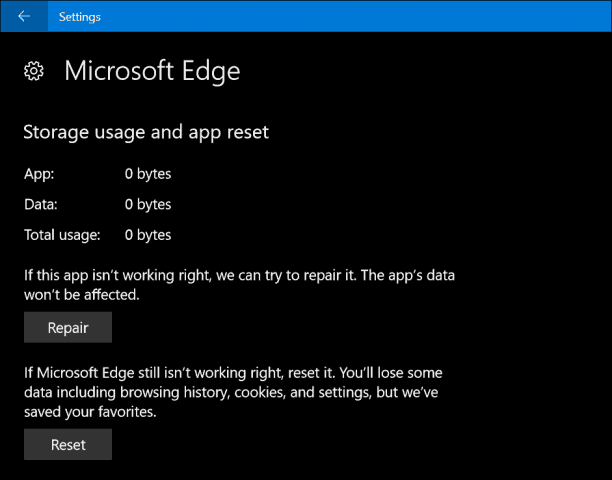 Сбросить Edge Browser на Windows 10