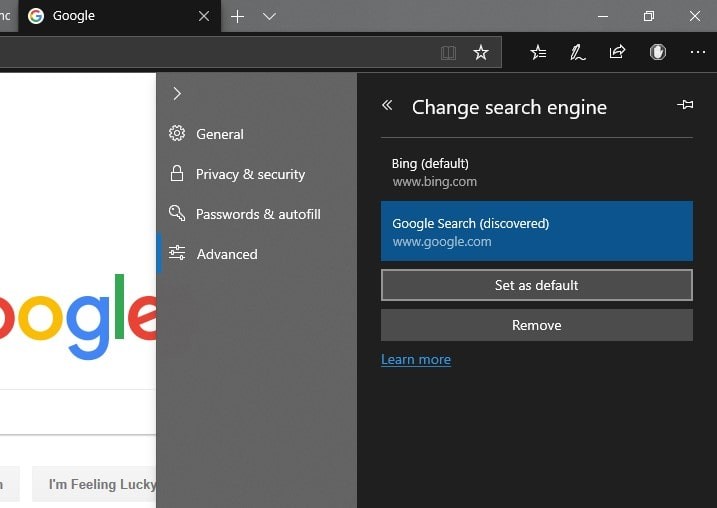 Изменить поисковую систему по умолчанию в Microsoft Edge