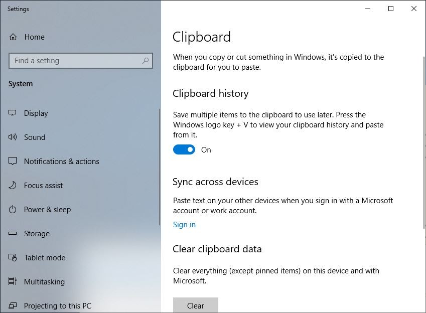 Включить облако буфера обмена в Windows 10