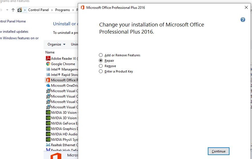 Восстановите ваш пакет Microsoft Office
