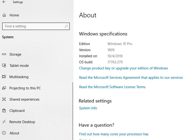 Проверка версии Windows 10 с помощью страницы «О настройках»