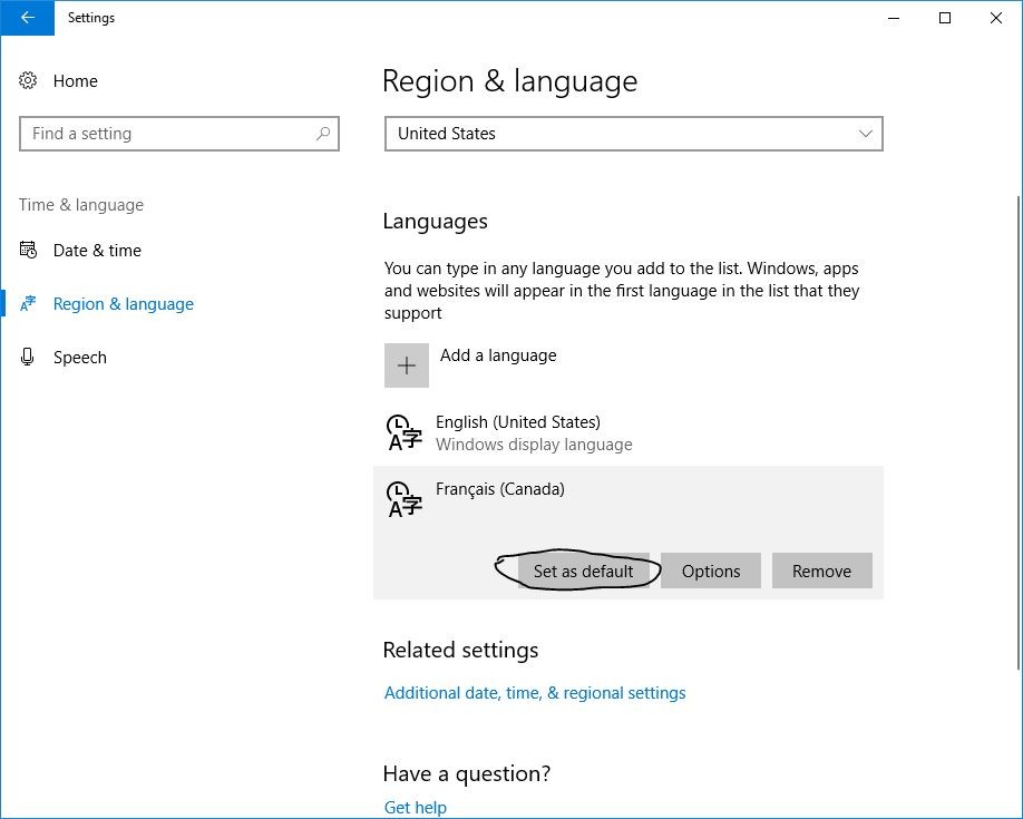 Установить в качестве языка по умолчанию в Windows 10