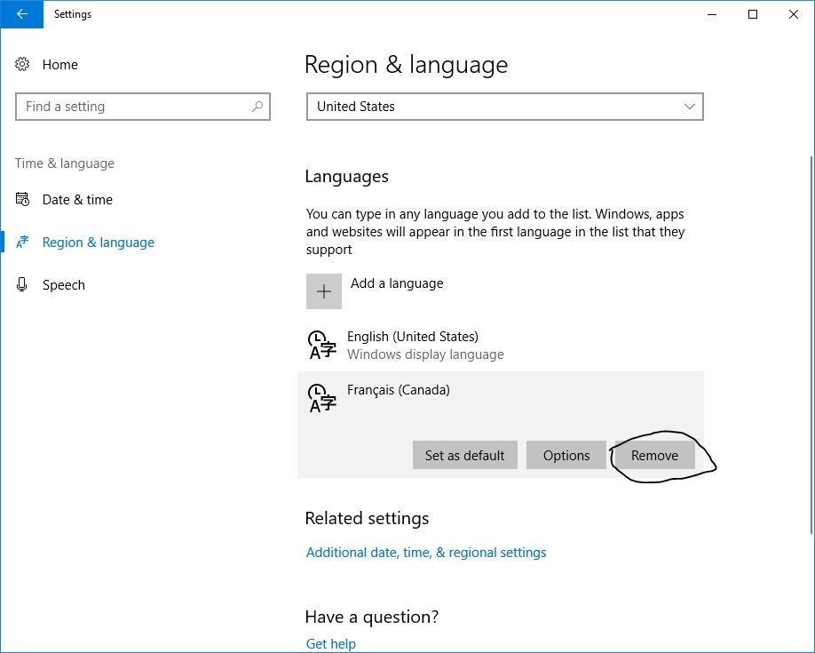 Удалить язык из Windows 10