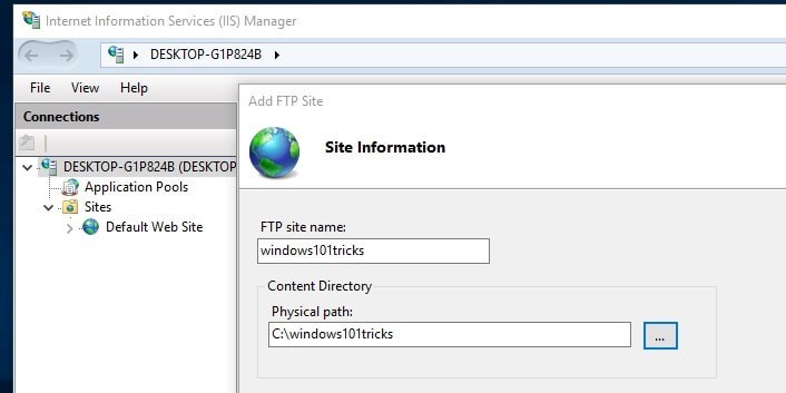 Назовите FTP-сервер и выберите физический путь