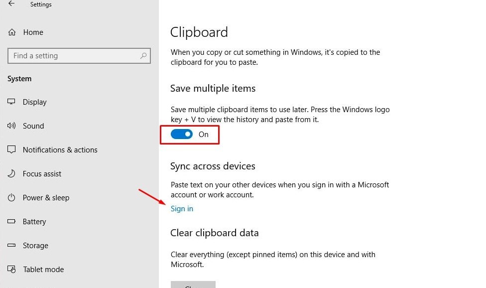 включить функцию Cloud Clipboard в Windows 10