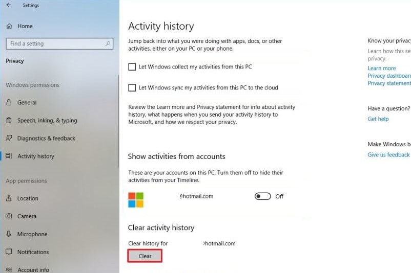 Отключить временную шкалу в обновлении Windows 10 апреля