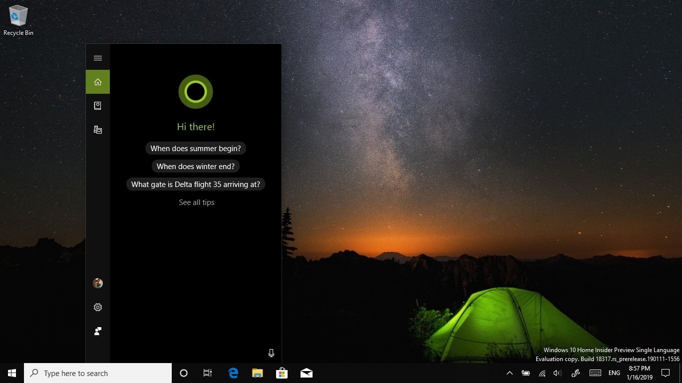 отдельное окно Cortana и поиска на windows 10 build 18317