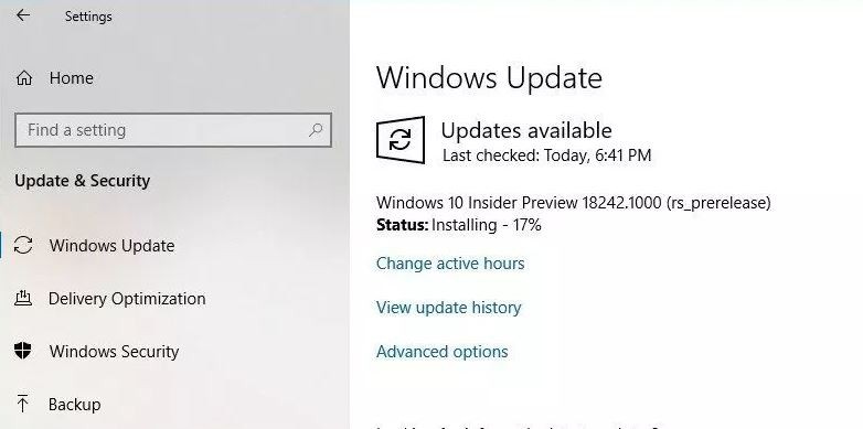 Windows 10 Insider Preview Build 18242.1 (19H1)