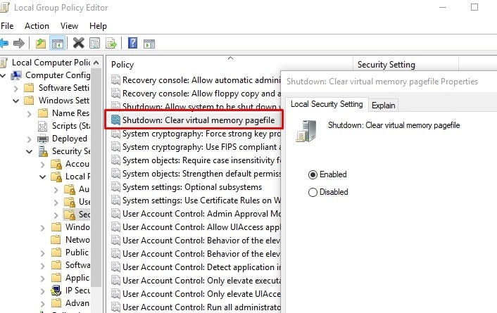 Очистить системный файл подкачки с помощью групповой политики Windows