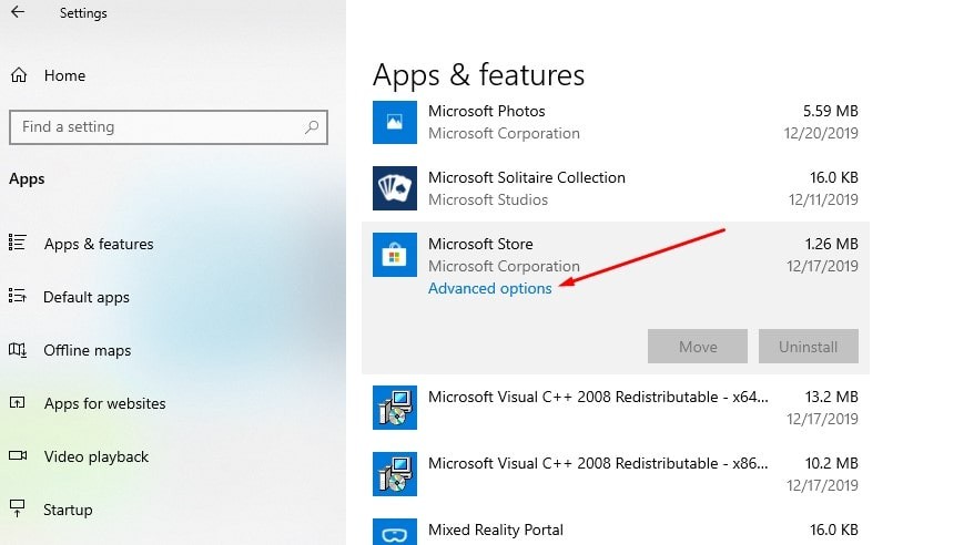 Microsoft Store дополнительные параметры