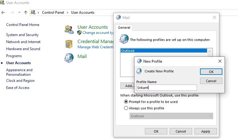 Создать новый профиль пользователя Outlook