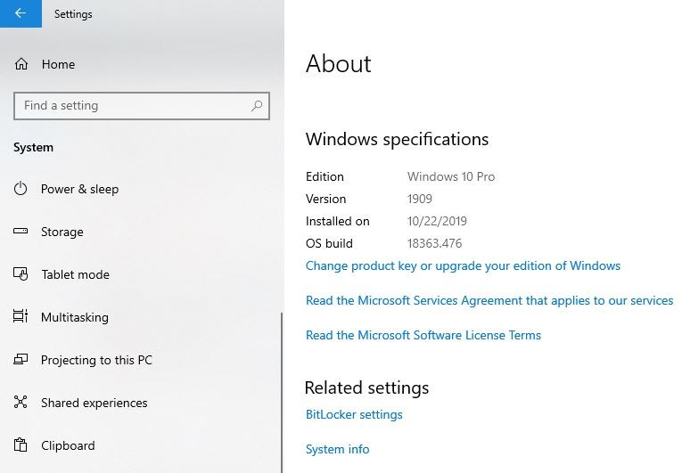 Проверьте детали Windows 10 на странице настроек