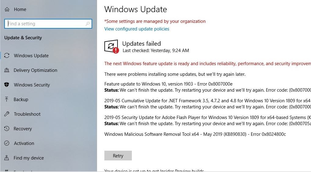 Ошибка Windows 10 версии 1903
