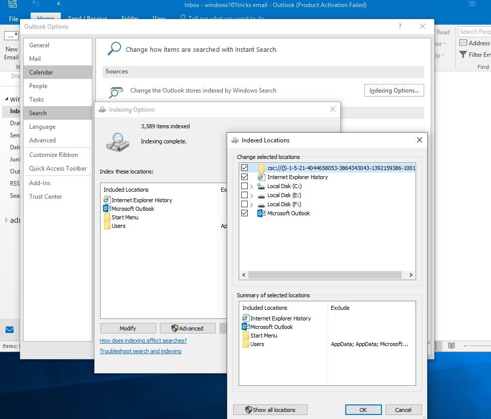 Проверьте, что папка Outlook настроена на индексирование