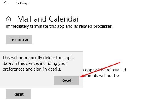 Сбросить почтовое приложение Windows 10