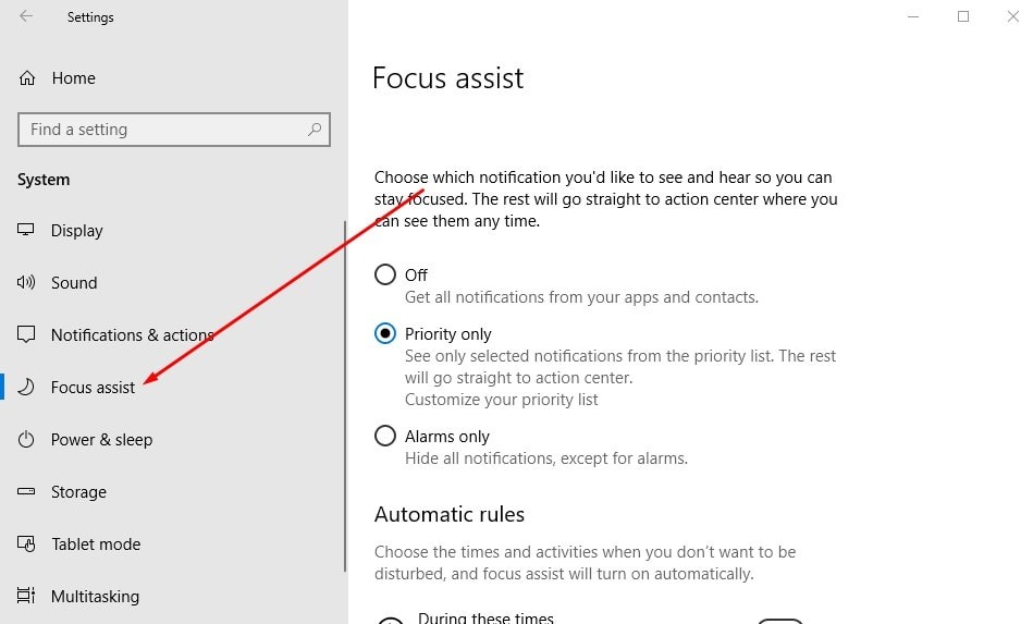Включить или отключить помощь при фокусировке в Windows 10