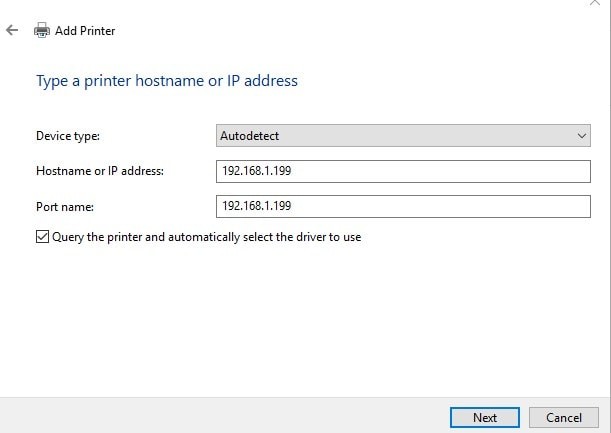 Введите имя хоста принтера или IP-адрес