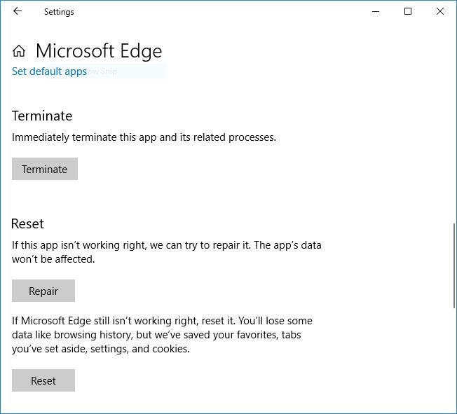 Сбросить приложение Microsoft Edge