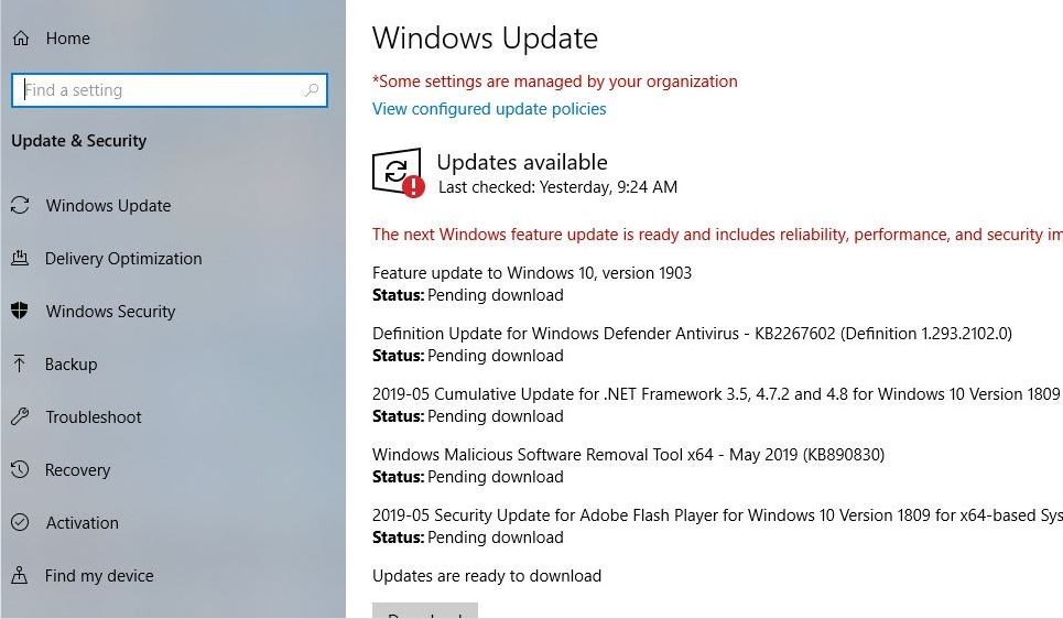 Обновление функции Windows 10 1903