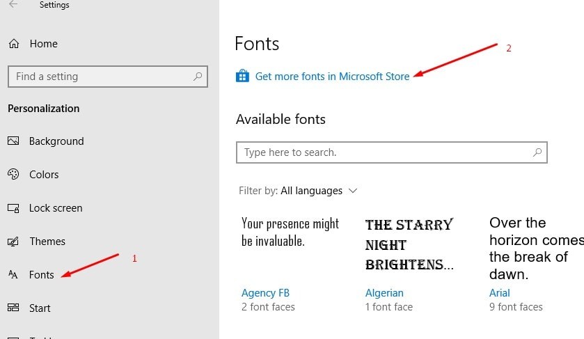 получить больше шрифтов в магазине Microsoft