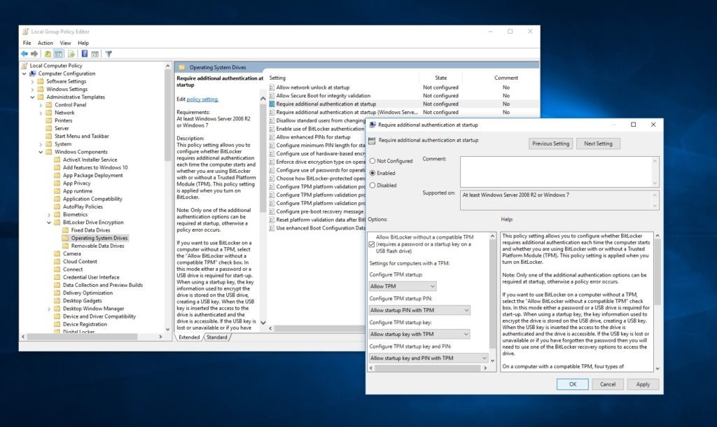 Разрешить BitLocker без совместимого TPM Windows 10