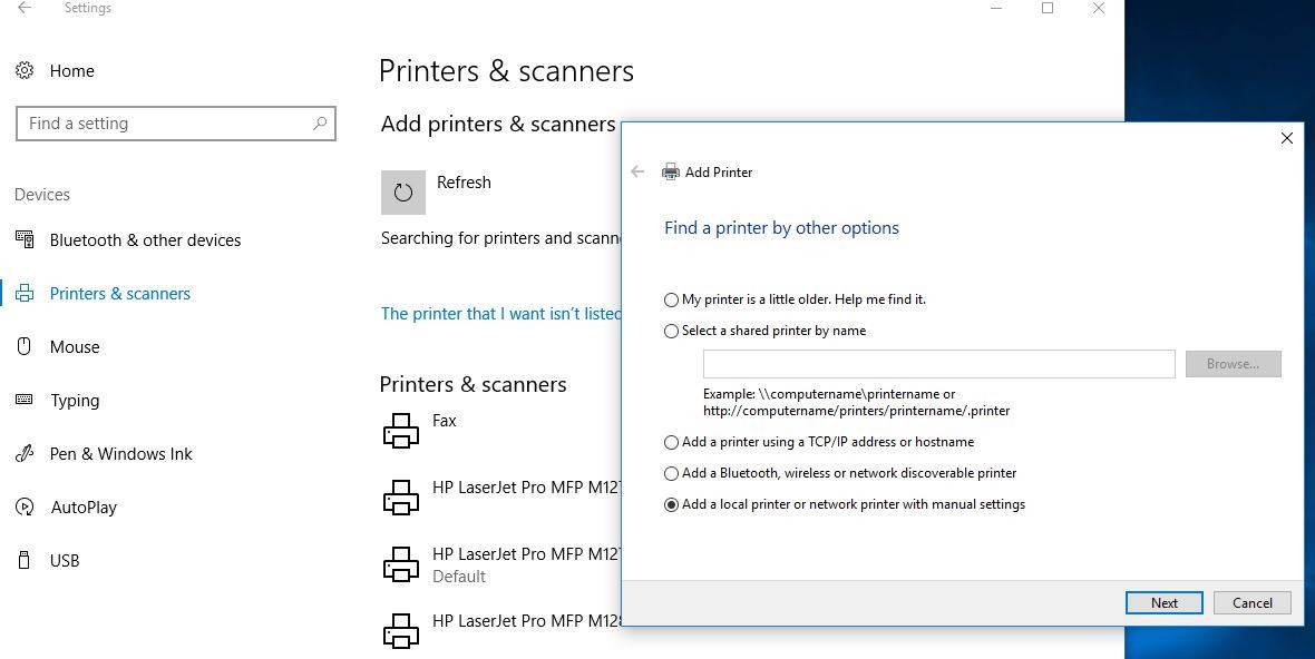 Добавить локальный принтер или сетевой принтер с ручными настройками