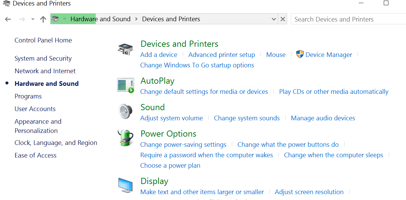 Устройства и принтеры не загружаются в Windows 10