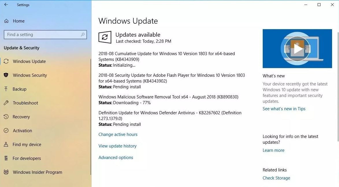 Накопительное обновление Windows 10 KB4343909