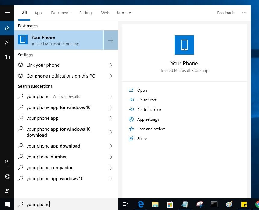откройте Windows 10 приложение для вашего телефона